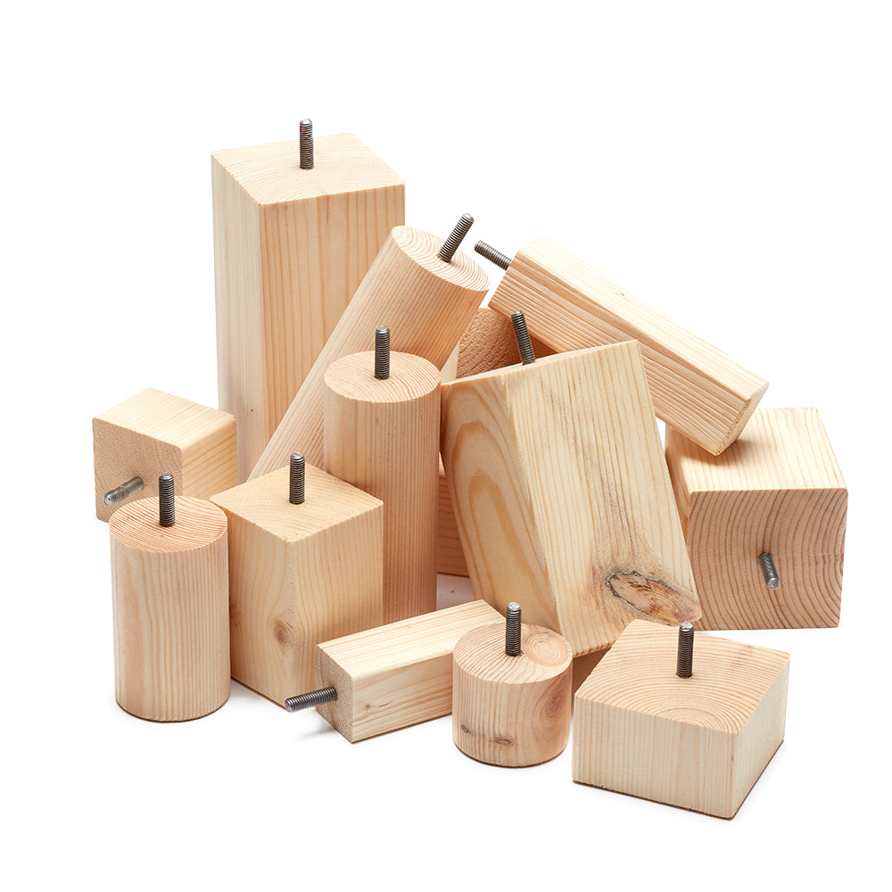 Bespoke Pine furniture feet available in a range of heights and fittings.