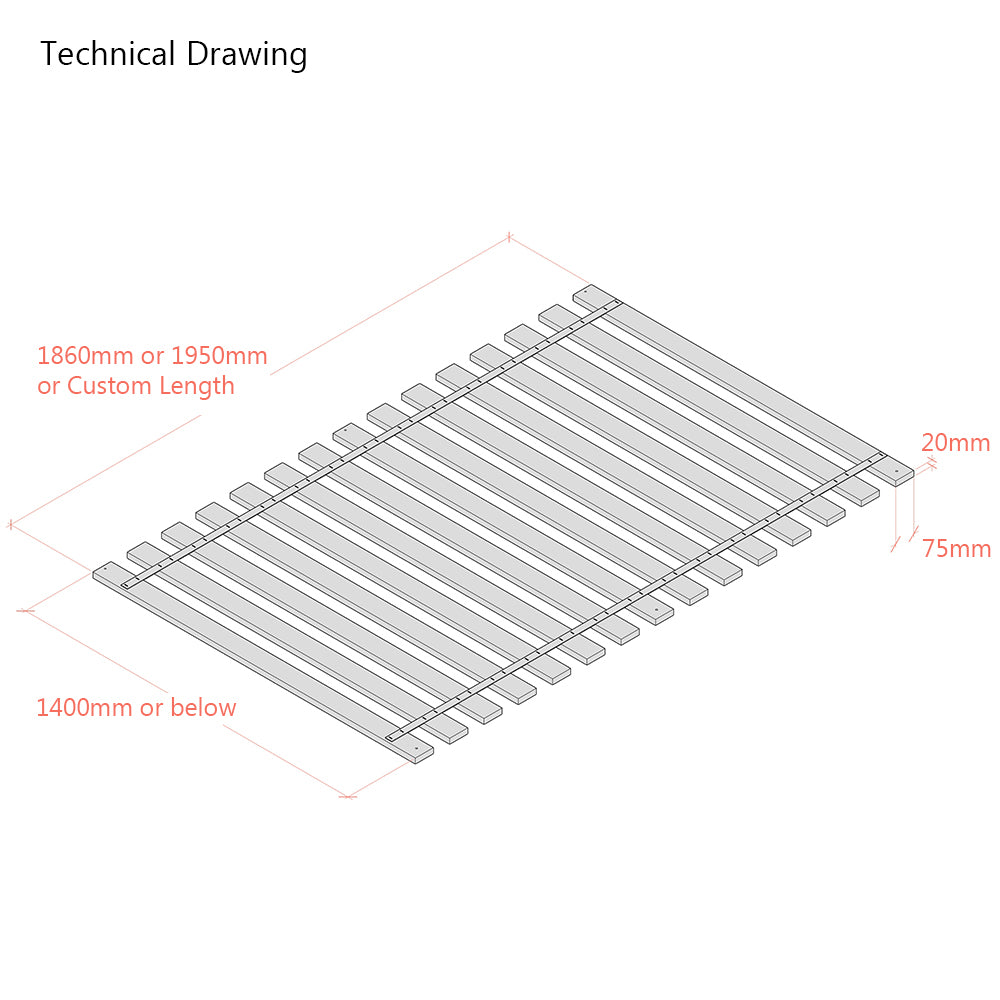 140cm Solid Beech Flat Bed Slat for European Double Size Beds - Webbed Sets