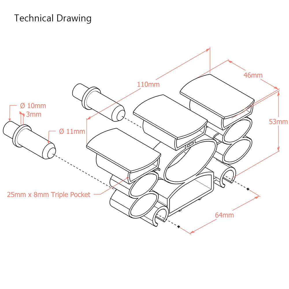 25mm x 8mm Triple Pocket Sprung Bed Slat Holders | 2 dowel attachment