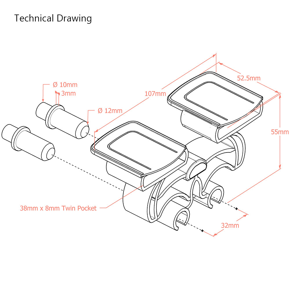 38mm x 8mm Twin Pocket Interactive Sprung Bed Slat Holders | 2 Dowel Attachment