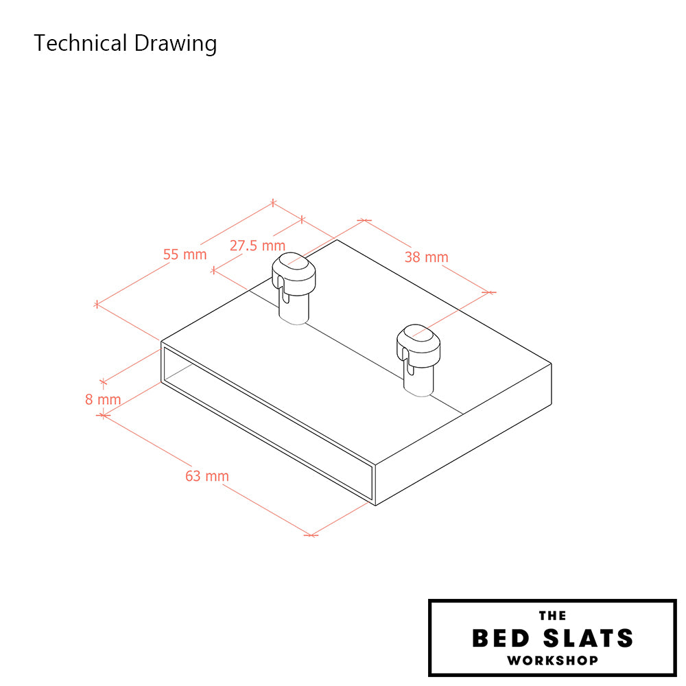 63mm x 8mm Sprung Bed Slat Holder For Centre Rails | 2 Prongs (38mm Prong Centres)