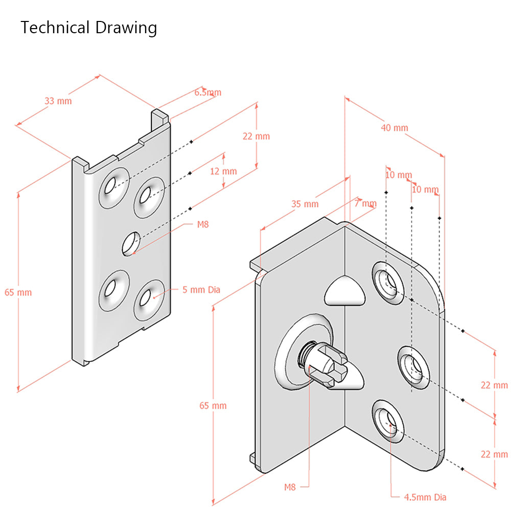 Bed Corner Plate Bracket  Set for 90 Degree Right Angle Connection BP H:65mm