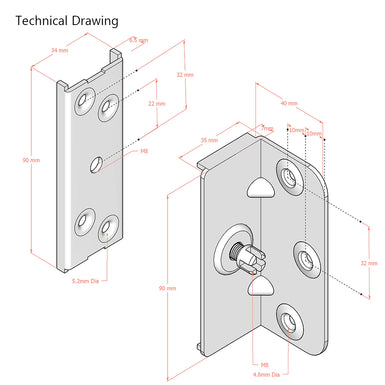 Bed Corner Plate Bracket Set for 90 Degree Right Angle Connection BP H:90mm