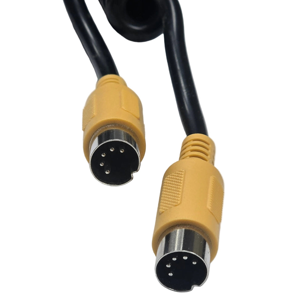A black cable with two yellow electrical connector plugs, photographed on a plain light background.