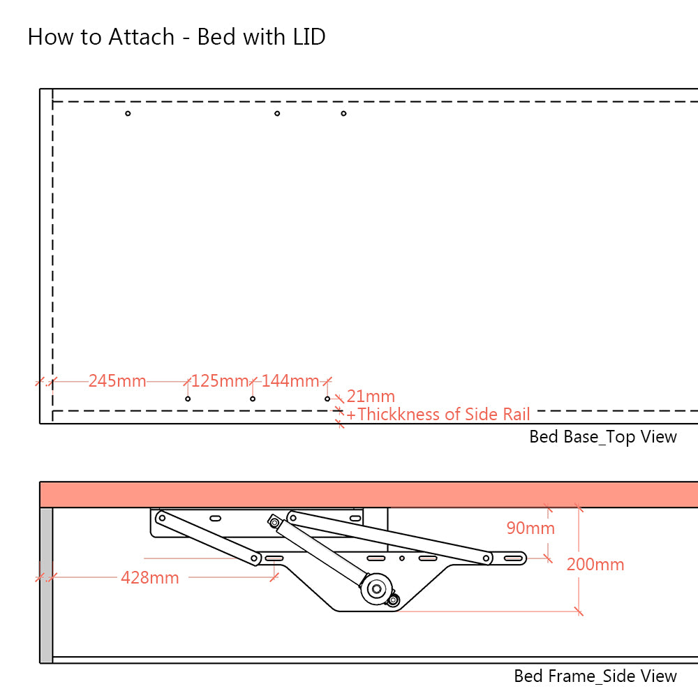 Lift-n-Store™ Electric Motorised Large Premium Ottoman Bed Lift-Up Hinge Mechanism - 1 Position