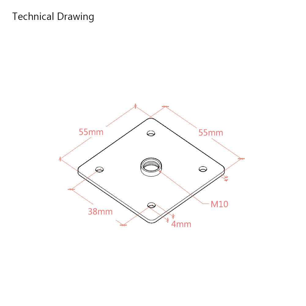 M10 x55mm x 55mm Furniture Leg Fixing Plate with 4 Screw Holes – Zinc Plated
