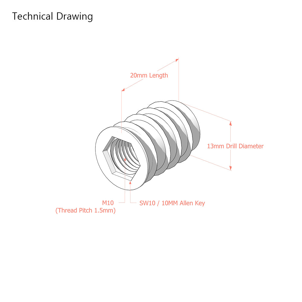 M10 x 20mm Steel Threaded Inserts for Wood