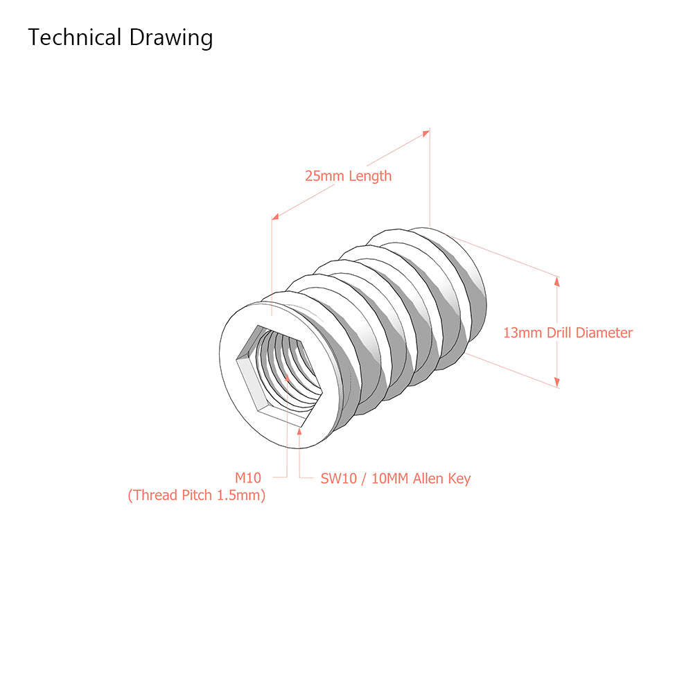M10 x 25mm Threaded inserts for wood - High Quality Steel