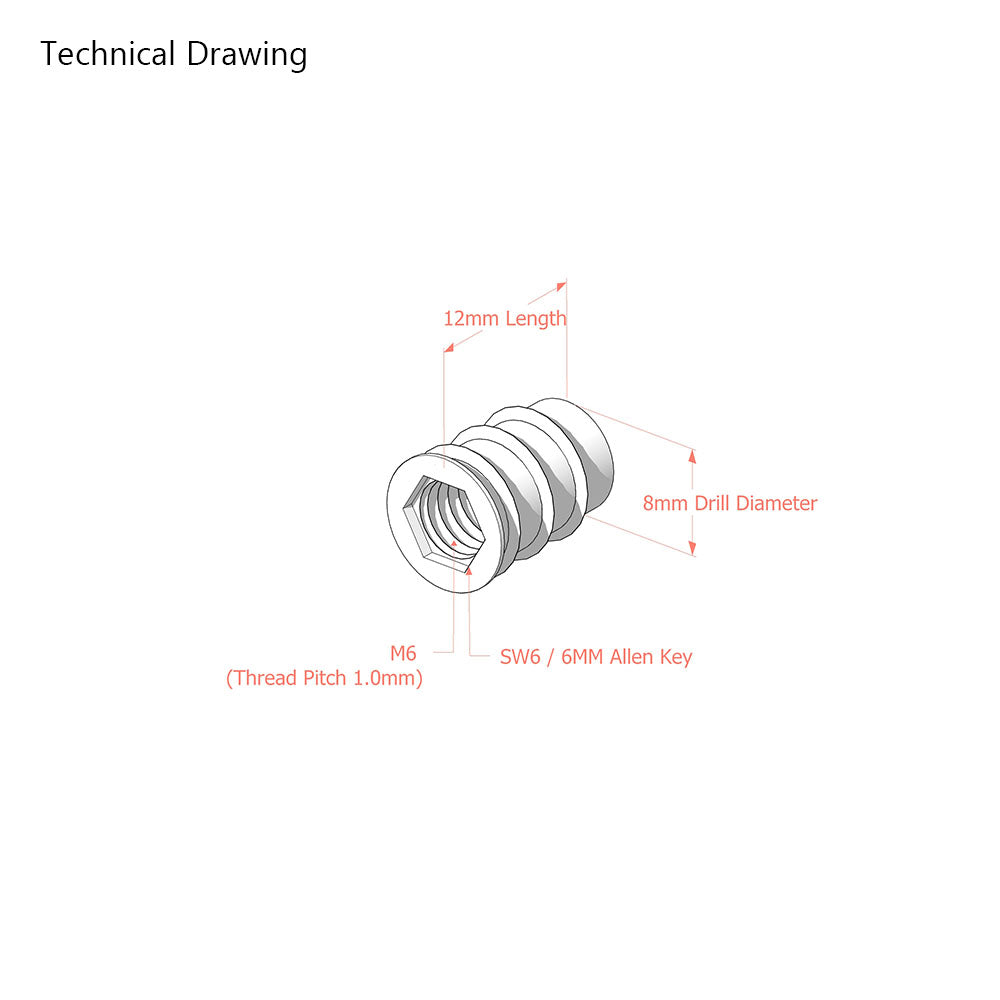 M6 x 12mm Steel Threaded Inserts for Wood
