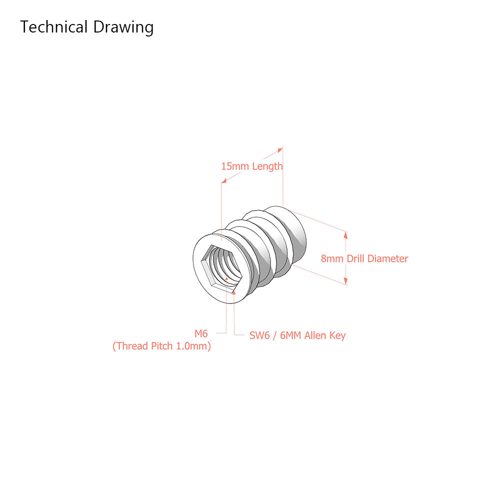 Thread Insert Drawing M6 x 15mm Threaded inserts for wood - High Quality Steel