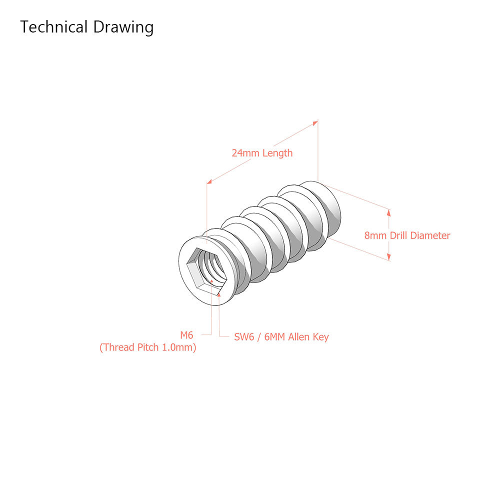 M6 x 24mm Steel Threaded Inserts for Wood