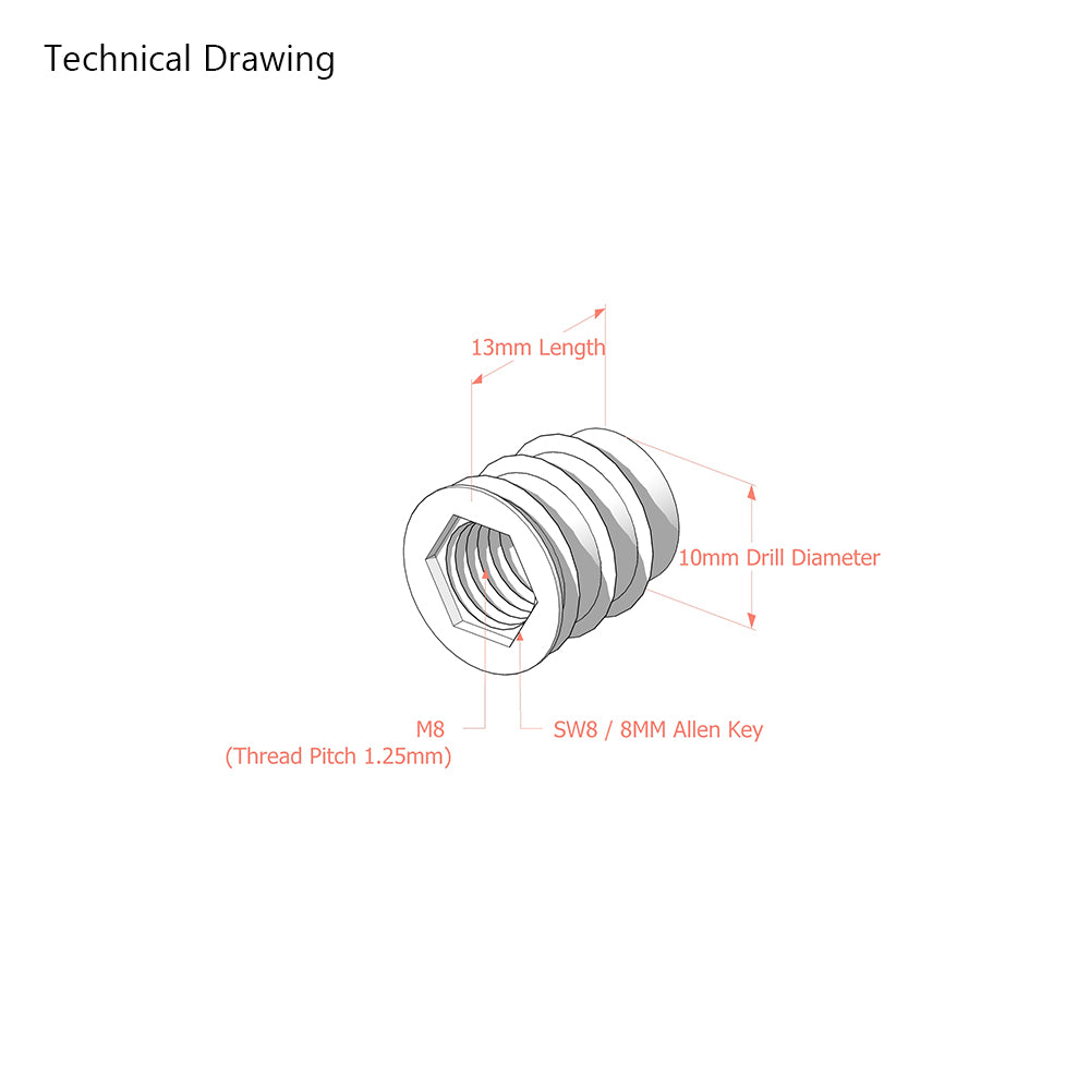 M8 x 13mm Steel Threaded Inserts for Wood
