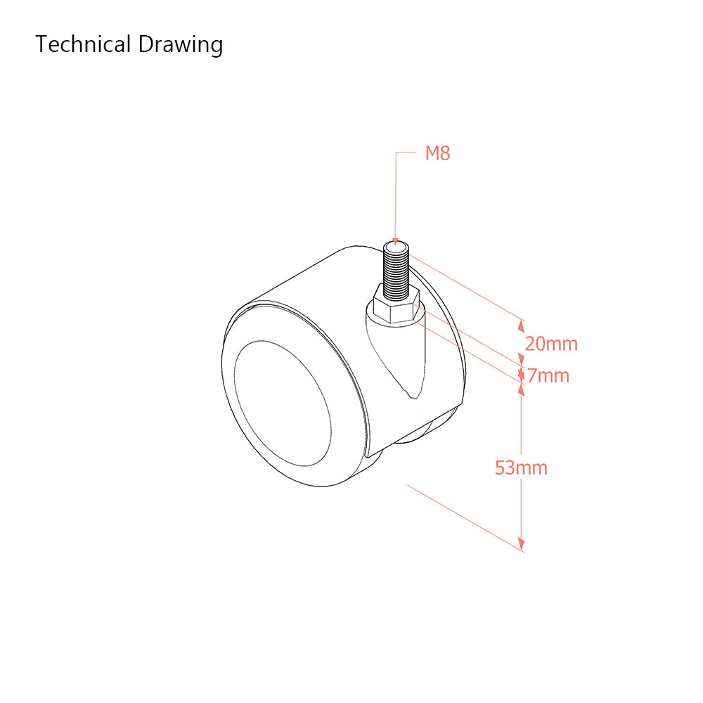 Premium Bed/ Furniture Twin Wheel Castors WITHOUT Brake Designed for Hard Flooring - M8 Stem