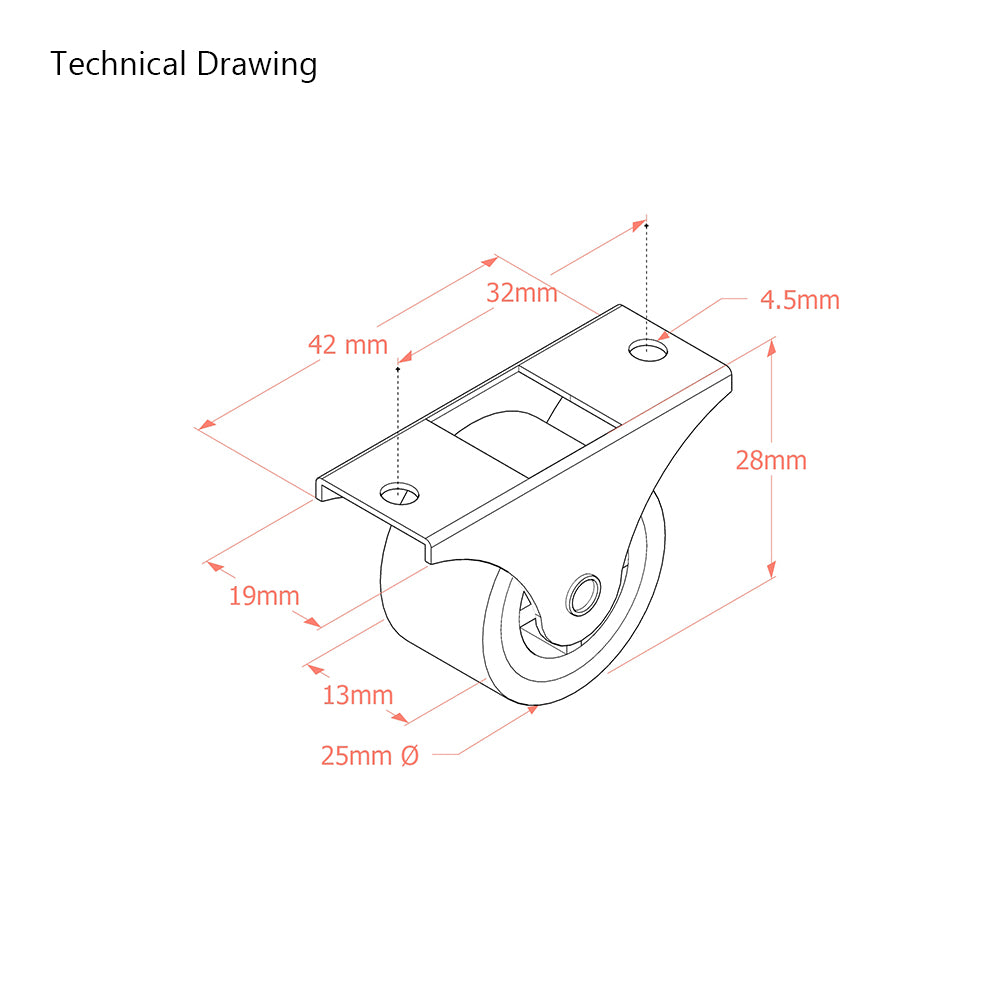 Underbed Storage Box Casters - Top Mount - Small 28mm High