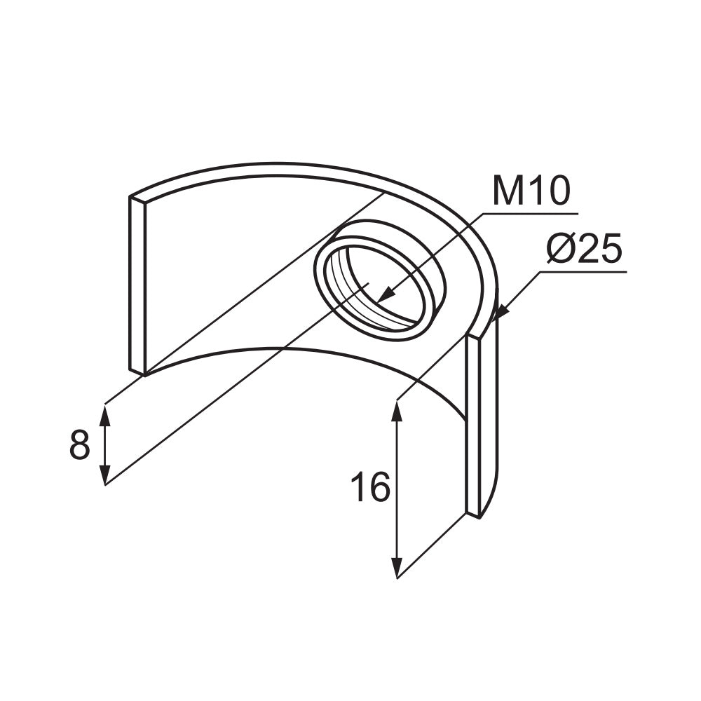 M10 Threaded Half Moon Washer Nut for Ø 25mm Holes