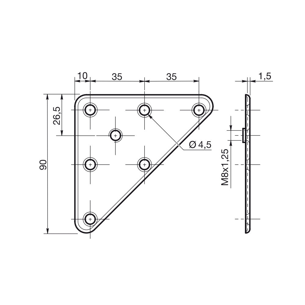 M8 Corner Flat Bracket Brace Plate 90mm x 90mm (set of 4)